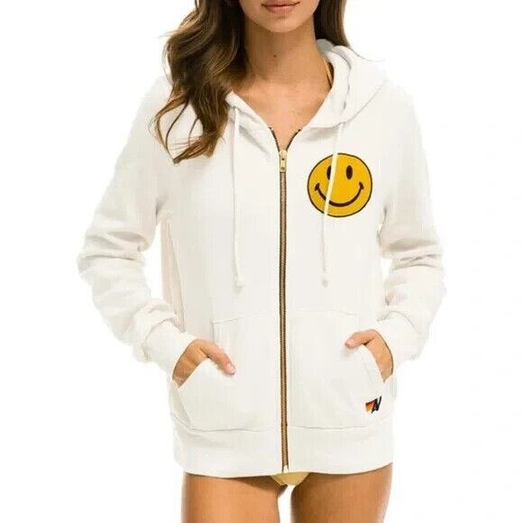 Aviator Nation Smiley Face Full Zip Hoodie Jacket Cream Long Sleeve Size Large - Picture 3 of 15